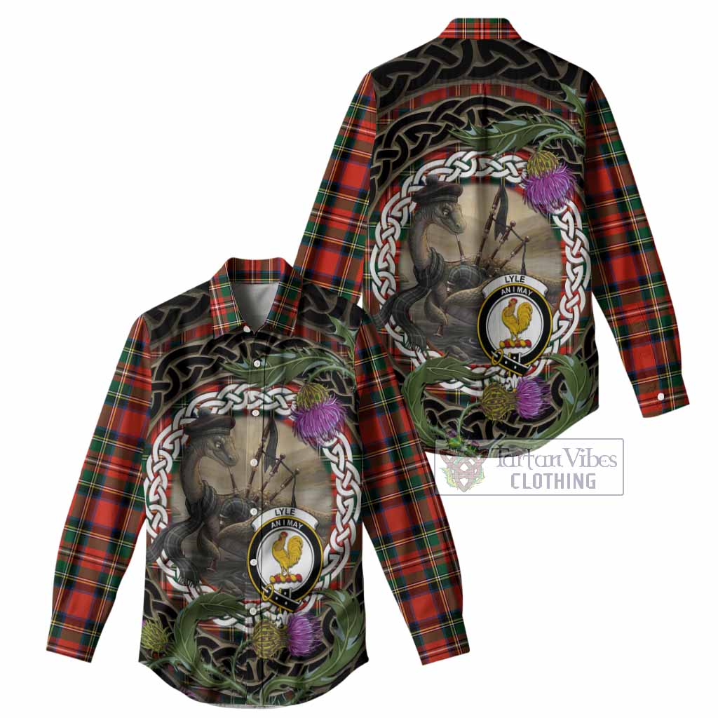 Lyle Tartan Crest Bagpipe Nessie Women Casual Shirt Scottish Loch Ness Monster Celtic Thistle