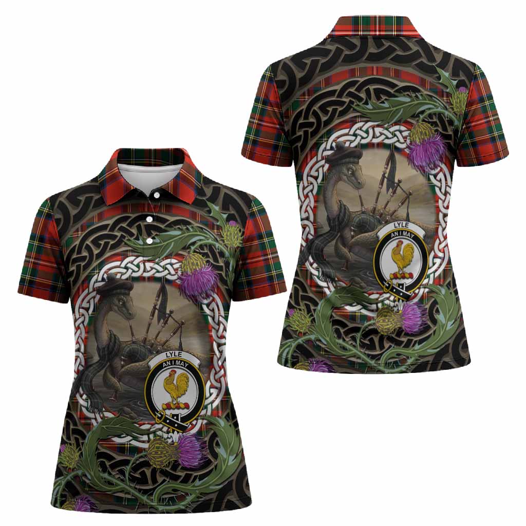 Lyle Tartan Crest Bagpipe Nessie Women Polo Shirt Scottish Loch Ness Monster Celtic Thistle