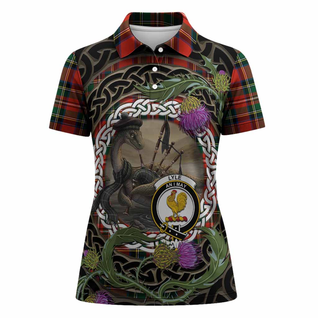 Lyle Tartan Crest Bagpipe Nessie Women Polo Shirt Scottish Loch Ness Monster Celtic Thistle