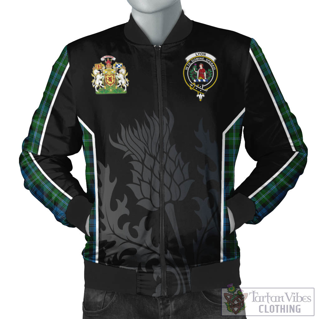 Lyon Tartan Bomber Jacket with Family Crest and Scottish Thistle Vibes Sport Style Unisex Black - Tartan Vibes Clothing
