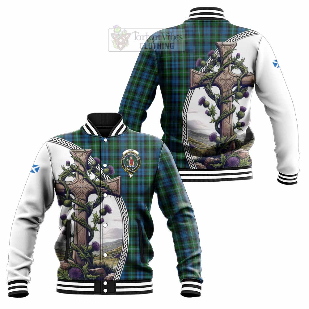 Lyon Tartan Baseball Jacket with Family Crest and St. Andrew's Cross Accented by Thistle Vines Unisex - Tartan Vibes Clothing