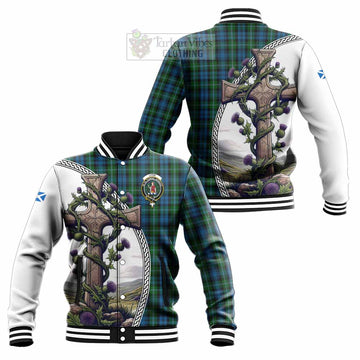 Lyon Tartan Baseball Jacket with Family Crest and St. Andrew's Cross Accented by Thistle Vines Unisex - Tartan Vibes Clothing