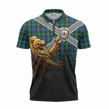 Lyon Crest Tartan Zipper Polo Shirt with Golden Lion Emblem Celtic Style Unisex - Tartan Vibes Clothing