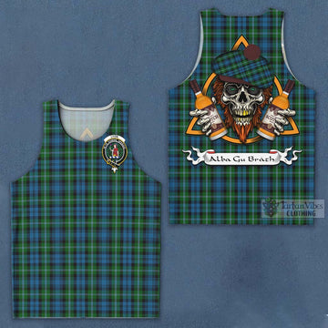 Lyon Tartan Men's Tank Top with Family Crest and Bearded Skull Holding Bottles of Whiskey Men - Tartan Vibes Clothing