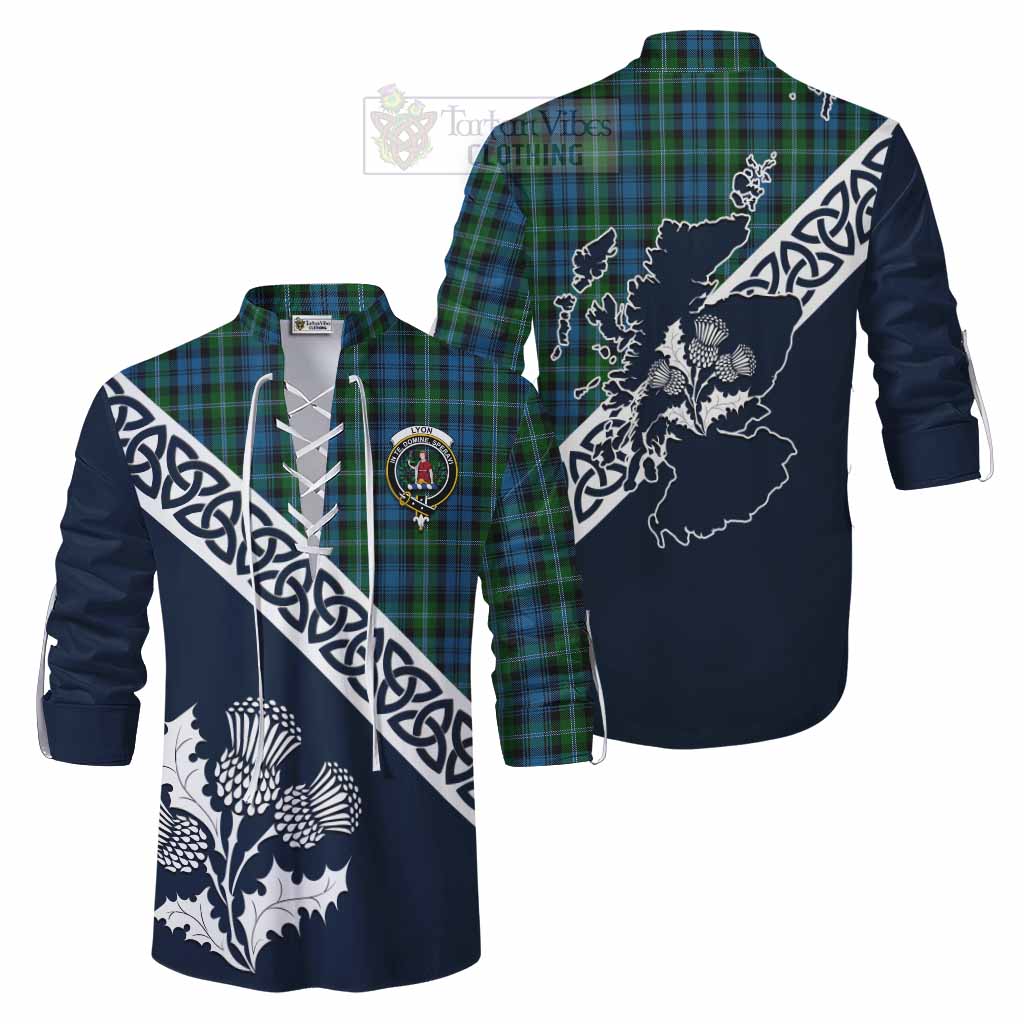 Lyon Tartan Ghillie Kilt Shirt Featuring Thistle and Scotland Map Men - Tartan Vibes Clothing