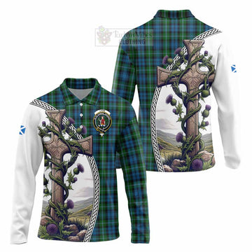 Lyon Tartan Long Sleeve Polo Shirt with Family Crest and St. Andrew's Cross Accented by Thistle Vines Unisex - Tartan Vibes Clothing