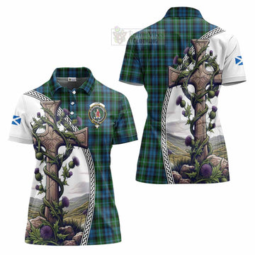 Lyon Tartan Women's Polo Shirt with Family Crest and St. Andrew's Cross Accented by Thistle Vines Women - Tartan Vibes Clothing