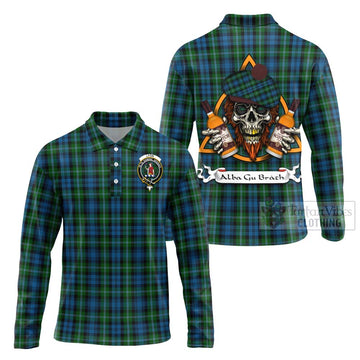 Lyon Tartan Long Sleeve Polo Shirt with Family Crest and Bearded Skull Holding Bottles of Whiskey Unisex - Tartan Vibes Clothing