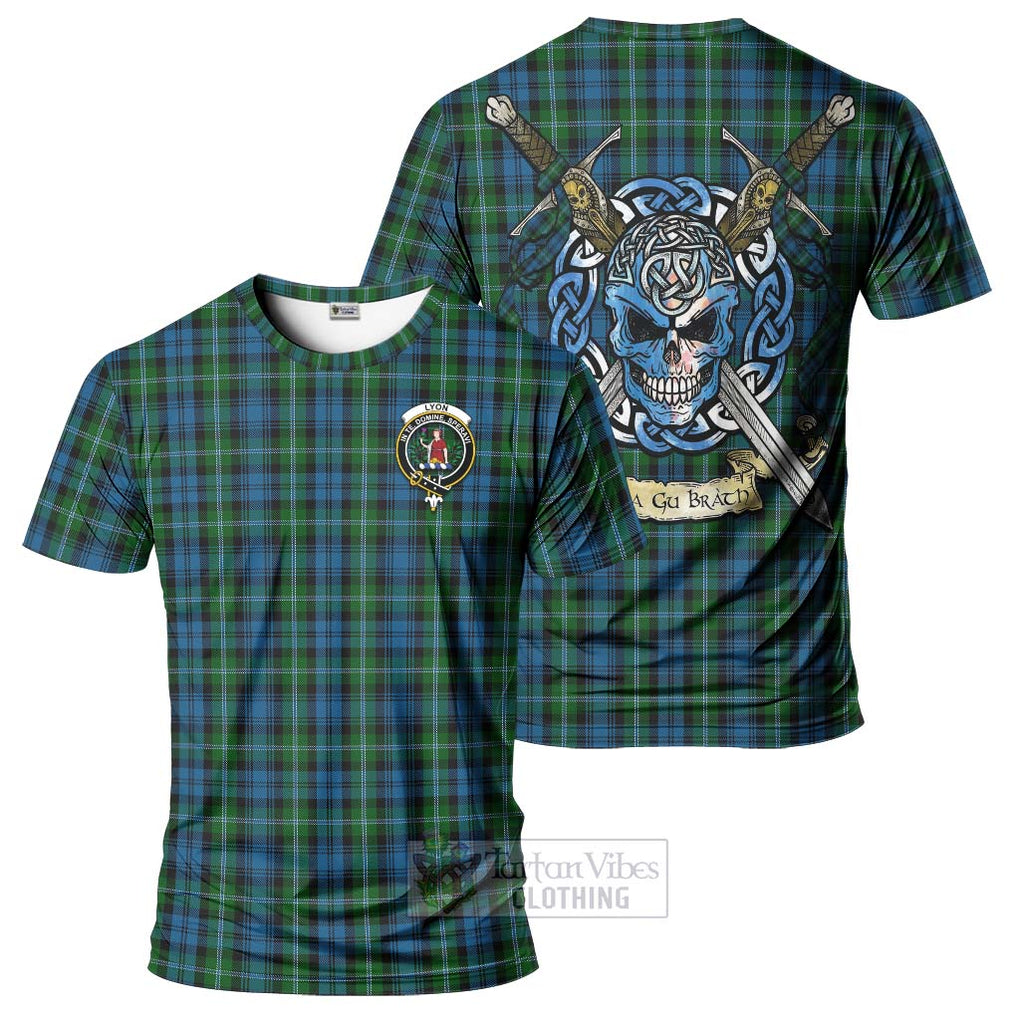 Tartan Vibes Clothing Lyon Tartan T-Shirt with Family Crest Celtic Skull Style