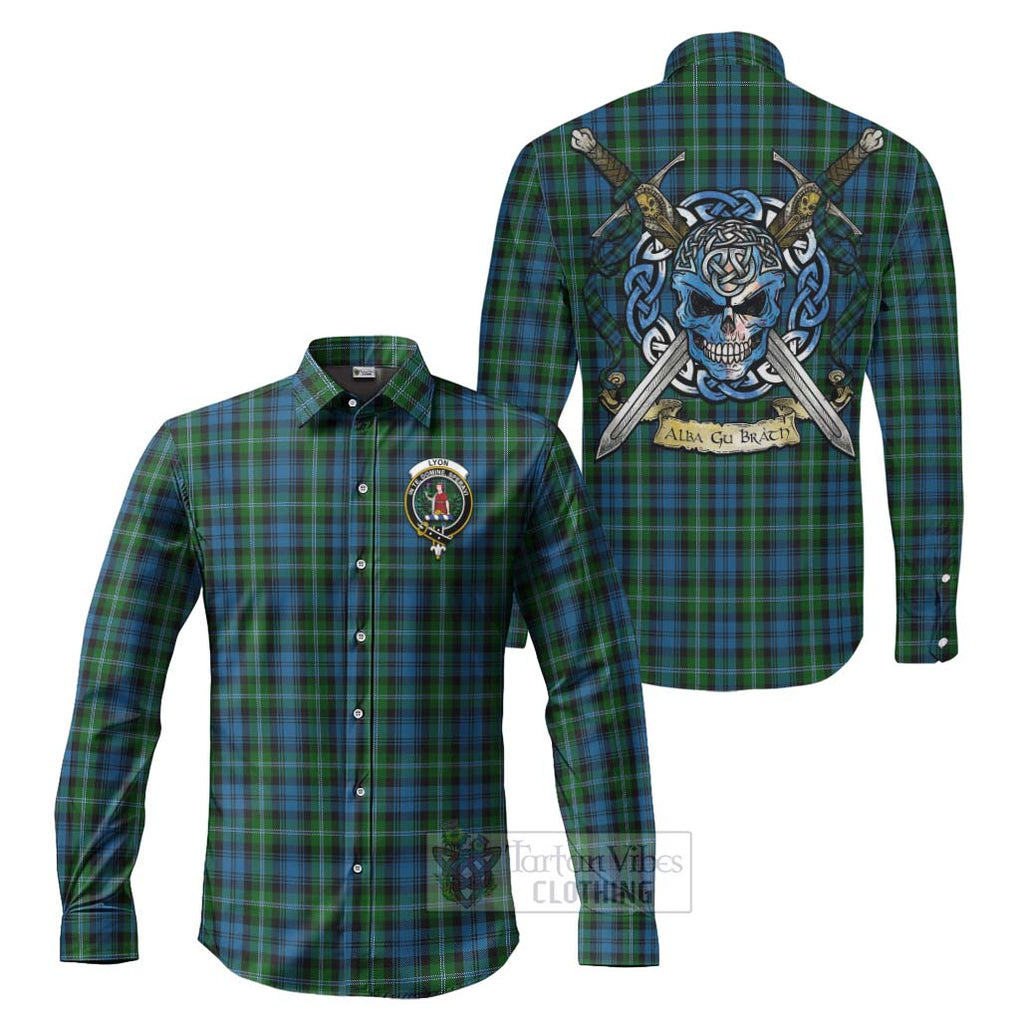 Lyon Tartan Long Sleeve Button Shirt with Family Crest Celtic Skull Style Men's Shirt S - Tartan Vibes Clothing