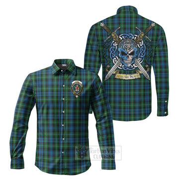 Tartan Vibes Clothing Lyon Tartan Long Sleeve Button Shirt with Family Crest Celtic Skull Style