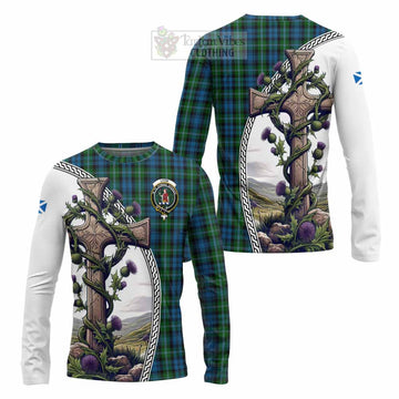 Lyon Tartan Long Sleeve T-Shirt with Family Crest and St. Andrew's Cross Accented by Thistle Vines Unisex - Tartan Vibes Clothing