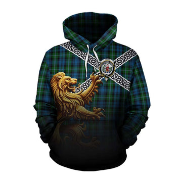 Tartan Vibes Clothing Lyon Crest Tartan Cotton Hoodie with Golden Lion Emblem Celtic Style