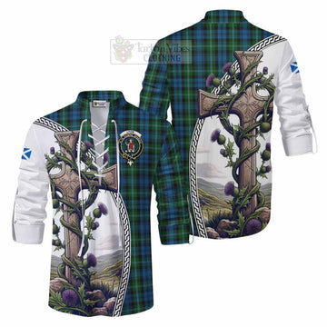 Lyon Tartan Ghillie Kilt Shirt with Family Crest and St. Andrew's Cross Accented by Thistle Vines Men - Tartan Vibes Clothing