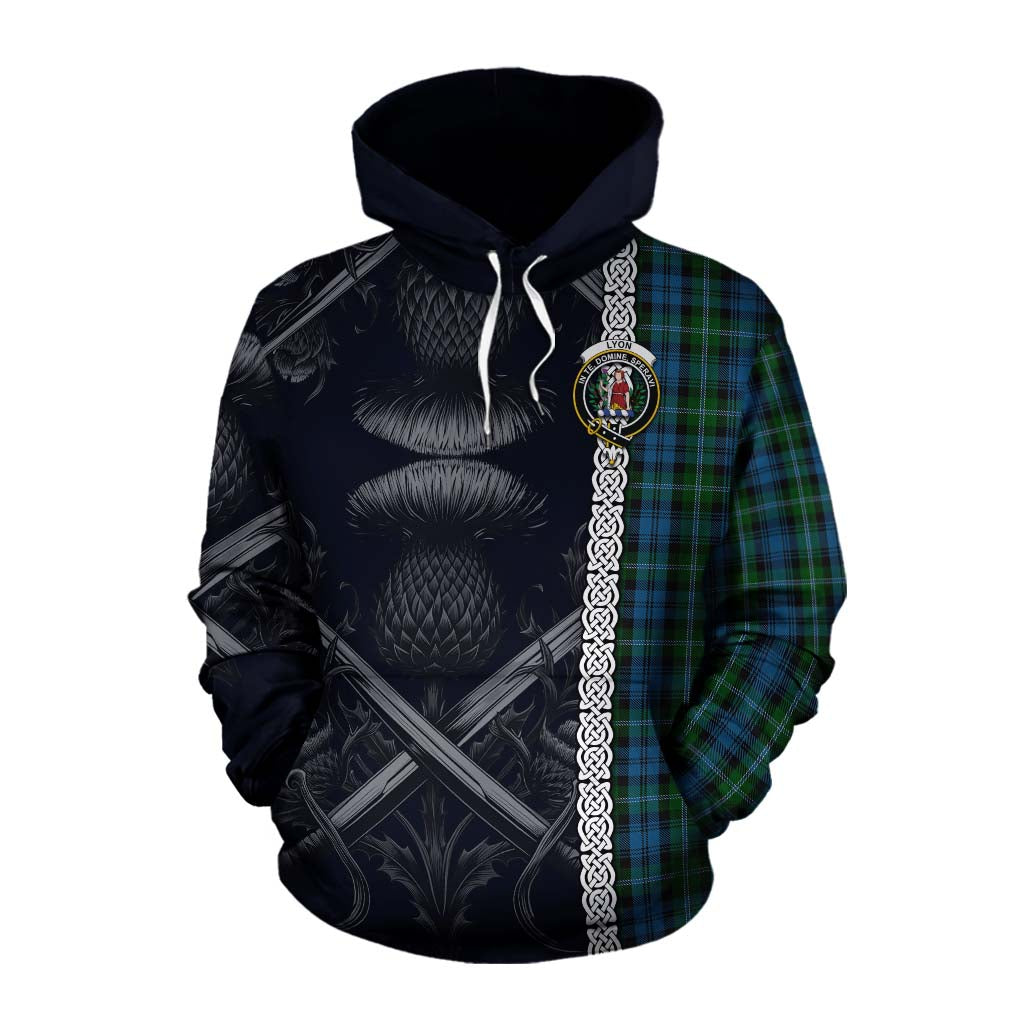 Lyon Tartan Cotton Hoodie with Family Crest Cross Sword Thistle Celtic Vibes Pullover Hoodie XS - Tartan Vibes Clothing