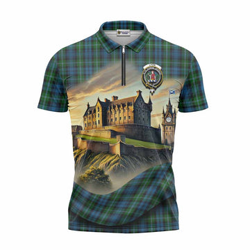 Lyon Tartan Family Crest Zipper Polo Shirt with Scottish Ancient Castle Style Unisex - Tartan Vibes Clothing