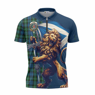 Lyon Tartan Family Crest Zipper Polo Shirt with Scottish Majestic Lion Unisex - Tartan Vibes Clothing