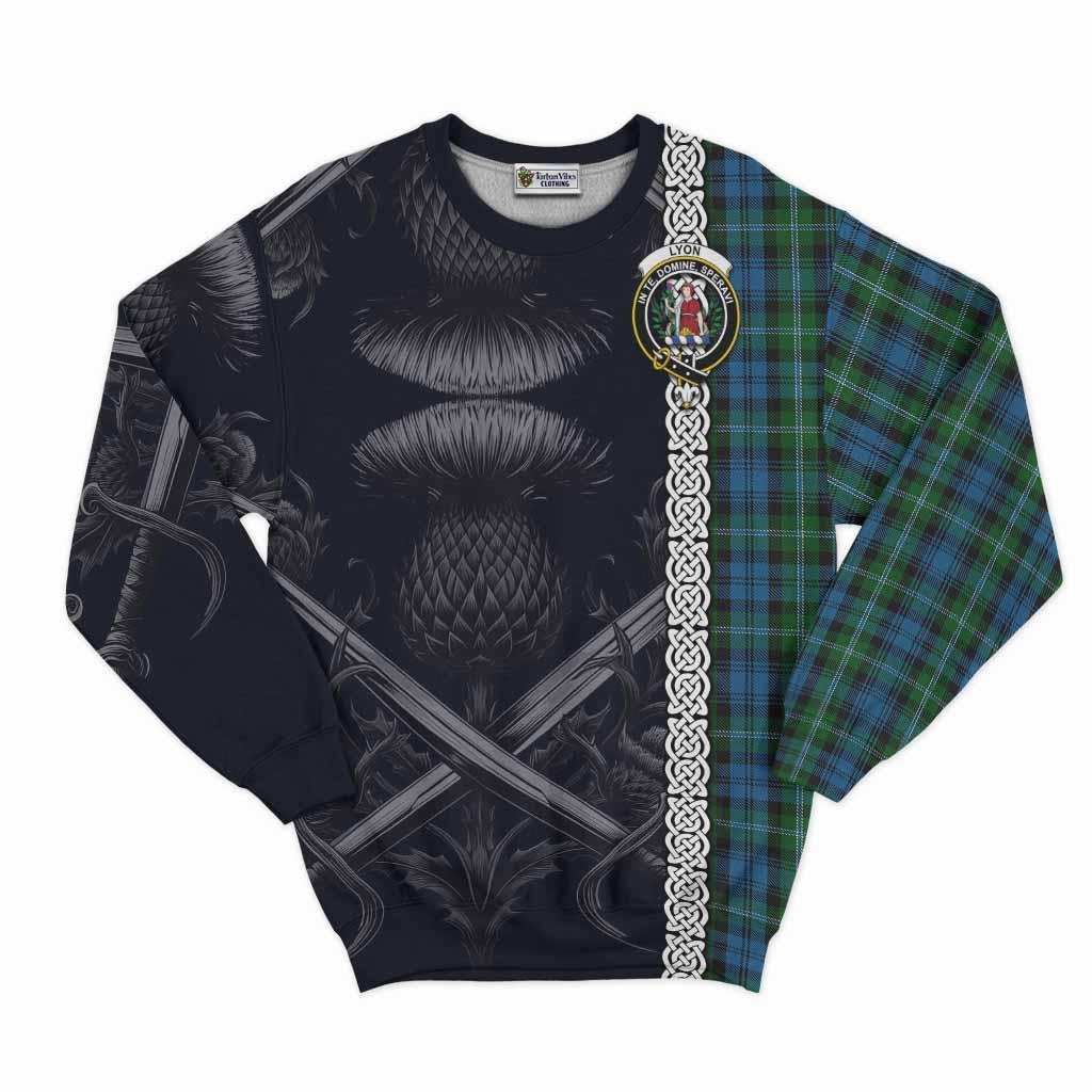 Lyon Tartan Sweatshirt with Family Crest Cross Sword Thistle Celtic Vibes Unisex - Tartan Vibes Clothing