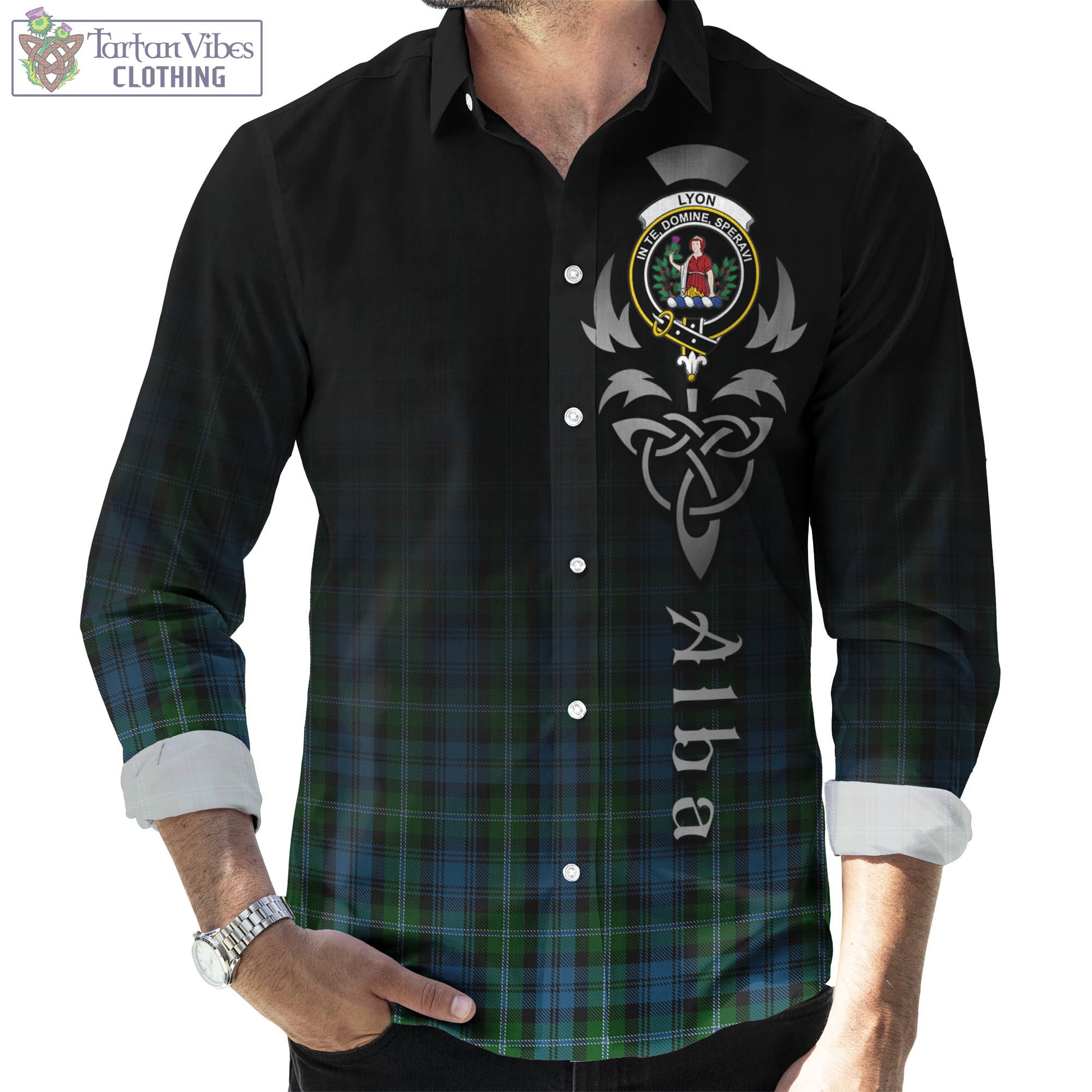 Lyon Tartan Long Sleeve Button Up Featuring Alba Gu Brath Family Crest Celtic Inspired Men's Shirt - Tartan Vibes Clothing