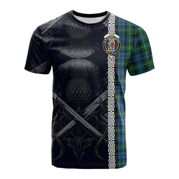 Lyon Tartan Cotton T-shirt with Family Crest Cross Sword Thistle Celtic Vibes