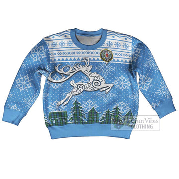 Tartan Vibes Clothing Lyon Clan Christmas Kid Ugly Sweater with Tartan and Celtic Raindeer Style