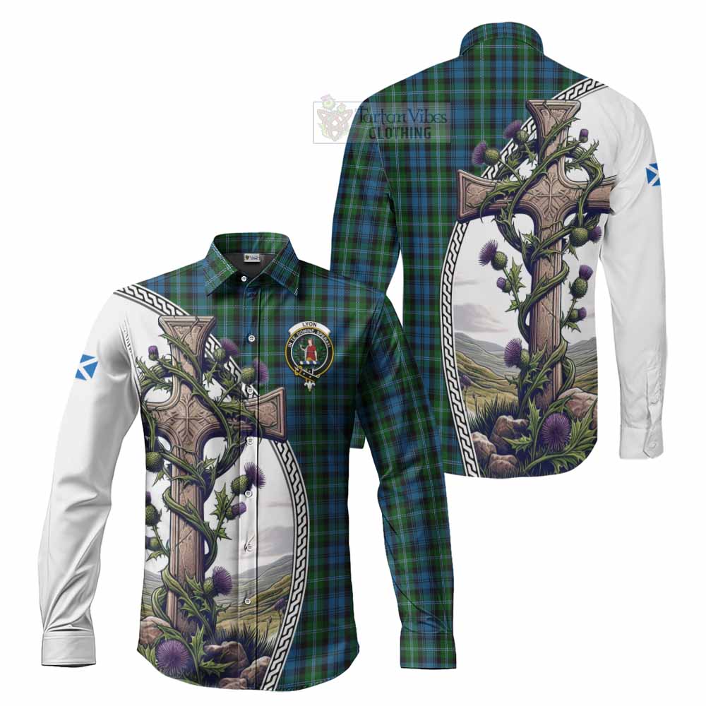 Lyon Tartan Long Sleeve Button Shirt with Family Crest and St. Andrew's Cross Accented by Thistle Vines Men's Shirt S - Tartan Vibes Clothing