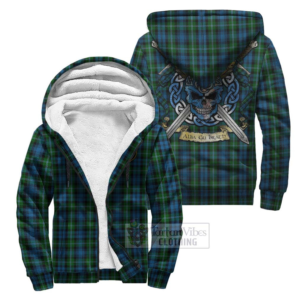 Lyon Tartan Sherpa Hoodie with Family Crest Celtic Skull Style Unisex S - Tartan Vibes Clothing