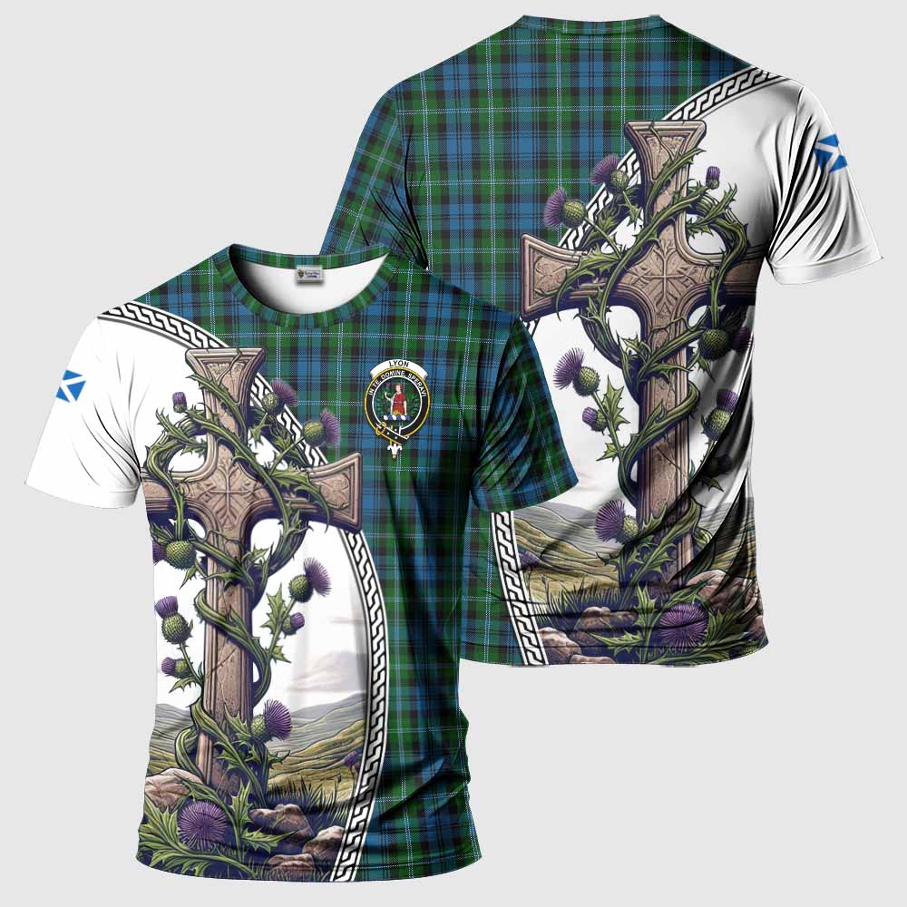 Tartan Vibes Clothing Lyon Agnew Tartan T-Shirt with Family Crest and St. Andrew's Cross Accented by Thistle Vines