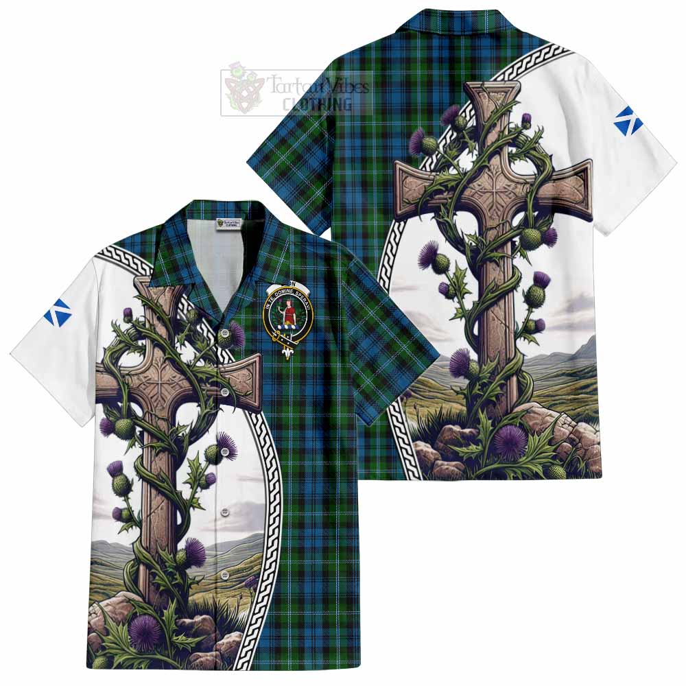 Lyon Tartan Hawaiian Shirt with Family Crest and St. Andrew's Cross Accented by Thistle Vines Kid - Tartan Vibes Clothing
