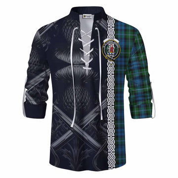 Lyon Tartan Ghillie Kilt Shirt with Family Crest Cross Sword Thistle Celtic Vibes Men - Tartan Vibes Clothing