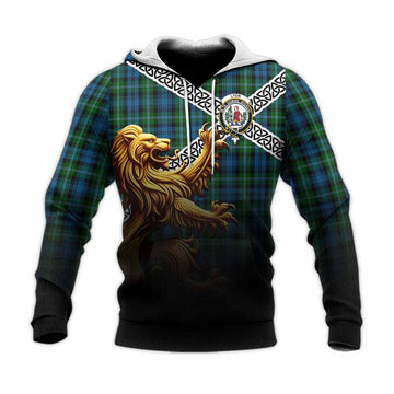 Tartan Vibes Clothing Lyon Crest Tartan Knitted Hoodie with Golden Lion Emblem Celtic Style