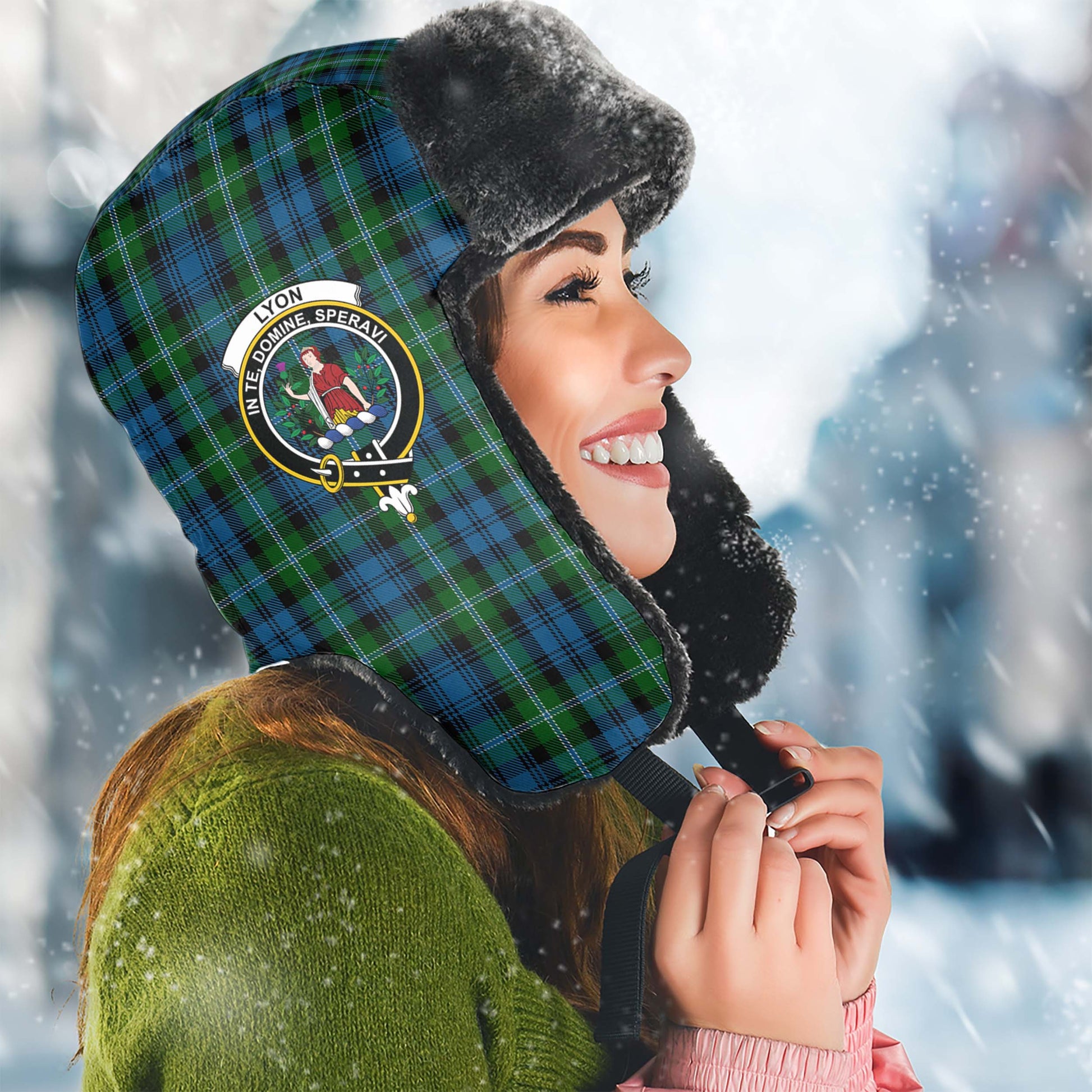 Lyon Tartan Winter Trapper Hat with Family Crest Winter Trapper Hat Universal Fit Circumference 22.8in (58cm) - Tartan Vibes Clothing
