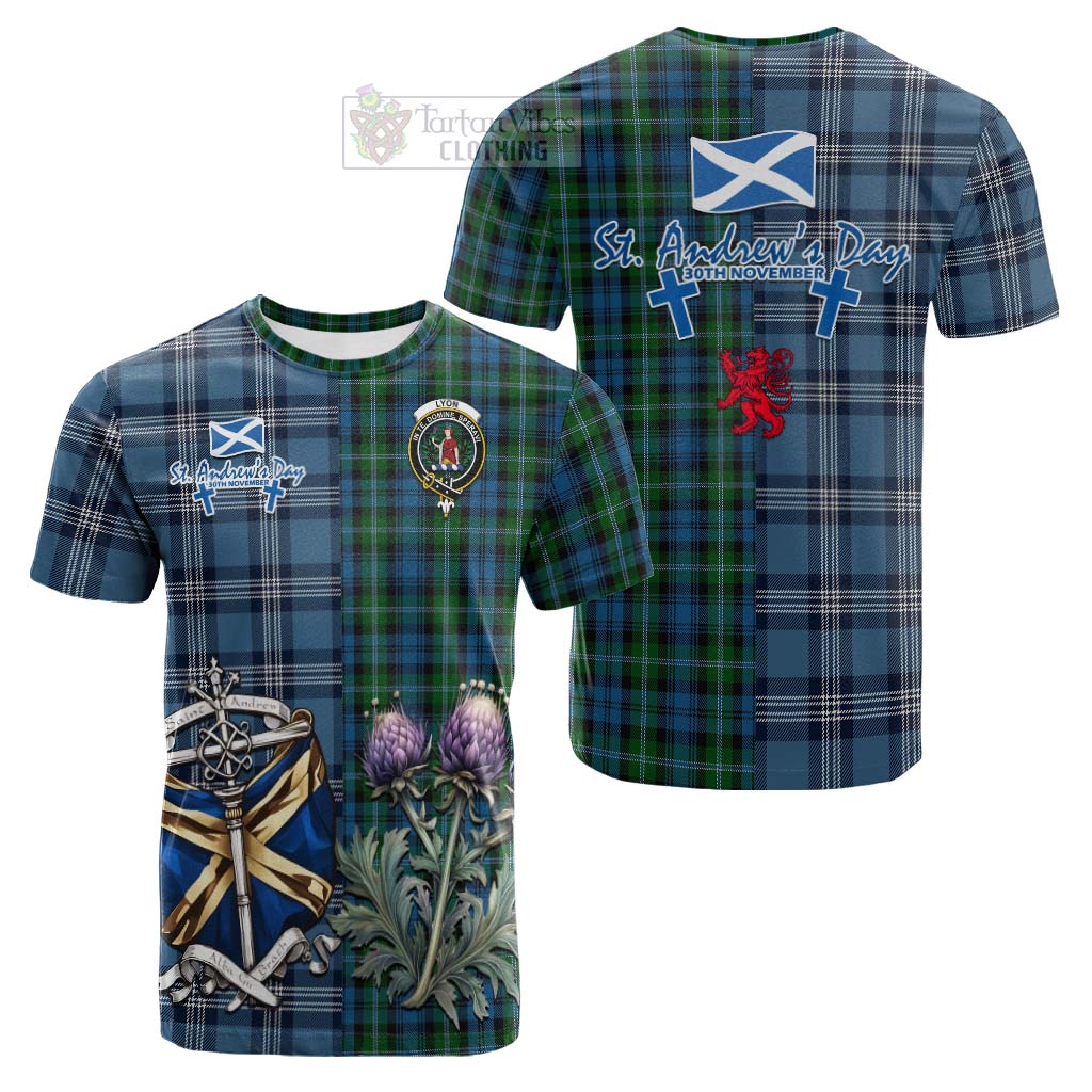 Tartan Vibes Clothing Lyon Tartan Cotton T-shirt Happy St. Andrew's Day Half Tartan Style
