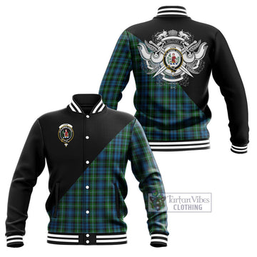 Lyon Tartan Baseball Jacket with Family Crest and Military Logo Style Unisex - Tartan Vibes Clothing