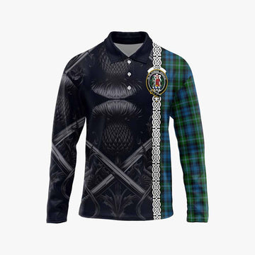 Lyon Tartan Long Sleeve Polo Shirt with Family Crest Cross Sword Thistle Celtic Vibes Unisex - Tartan Vibes Clothing