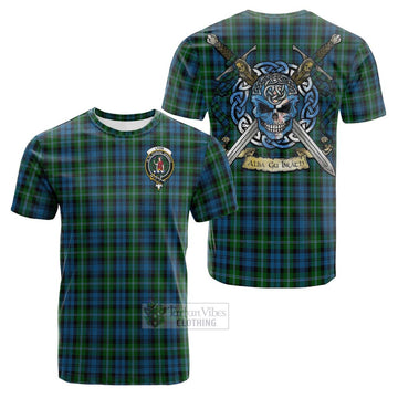 Lyon Tartan Cotton T-shirt with Family Crest Celtic Skull Style