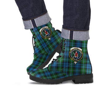Lyon Tartan Leather Boots with Family Crest Men' Boots - Tartan Vibes Clothing