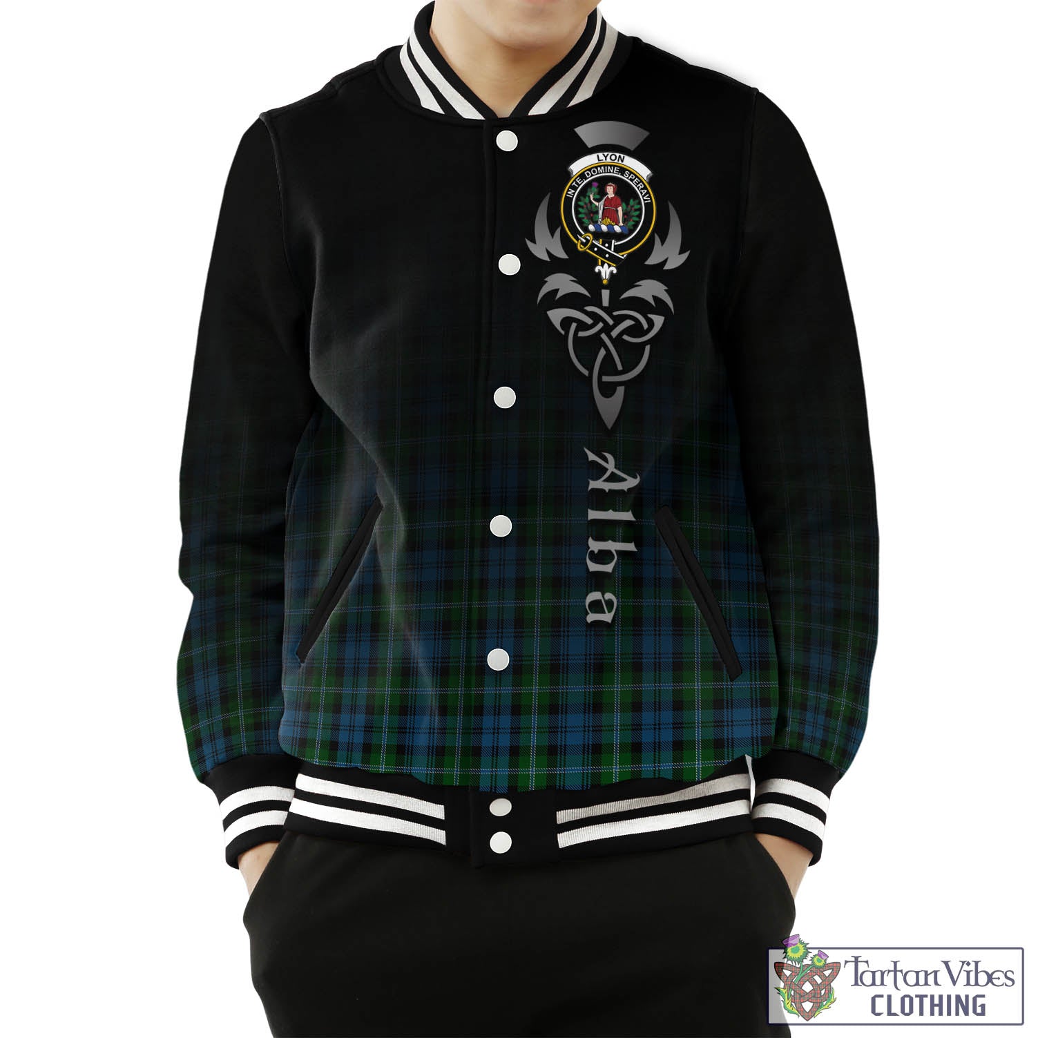 Lyon Tartan Baseball Jacket Featuring Alba Gu Brath Family Crest Celtic Inspired Unisex - Tartan Vibes Clothing