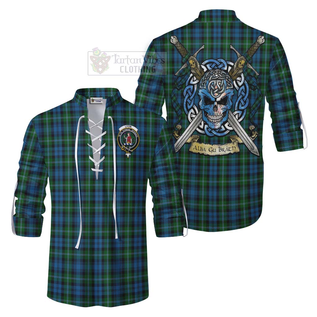 Lyon Tartan Ghillie Kilt Shirt with Family Crest Celtic Skull Style Men - Tartan Vibes Clothing