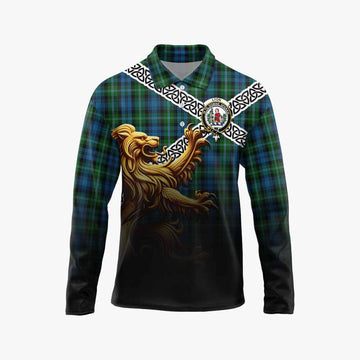 Lyon Crest Tartan Long Sleeve Polo Shirt with Golden Lion Emblem Celtic Style Unisex - Tartan Vibes Clothing