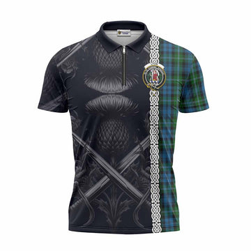 Lyon Tartan Zipper Polo Shirt with Family Crest Cross Sword Thistle Celtic Vibes Unisex - Tartan Vibes Clothing