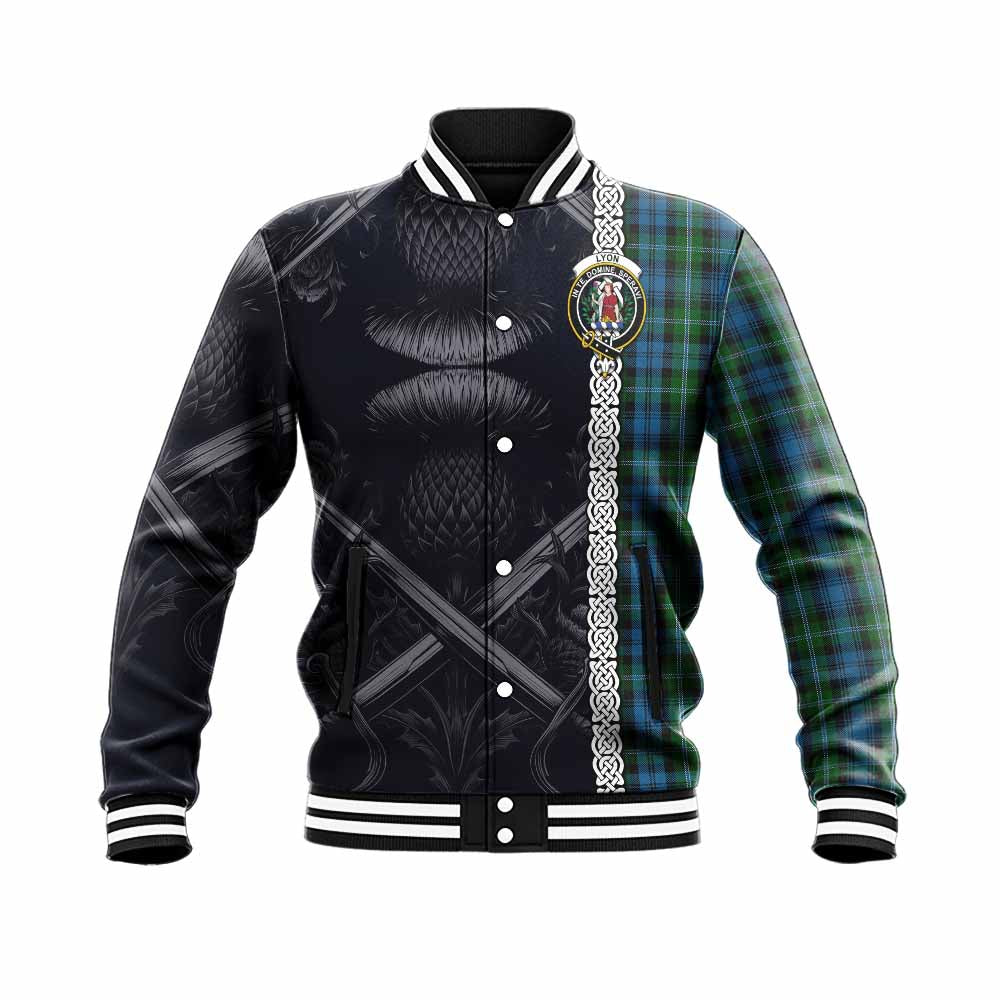 Lyon Tartan Baseball Jacket with Family Crest Cross Sword Thistle Celtic Vibes Unisex - Tartan Vibes Clothing