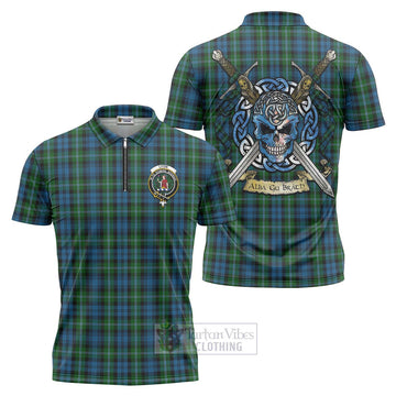 Lyon Tartan Zipper Polo Shirt with Family Crest Celtic Skull Style Unisex - Tartan Vibes Clothing