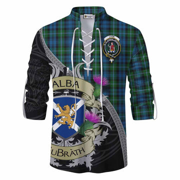 Lyon Tartan Family Crest Ghillie Kilt Shirt Lion Rampant Royal Thistle Shield Celtic Inspired Men - Tartan Vibes Clothing