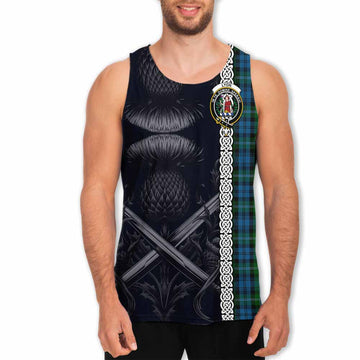 Lyon Tartan Men's Tank Top with Family Crest Cross Sword Thistle Celtic Vibes Men - Tartan Vibes Clothing