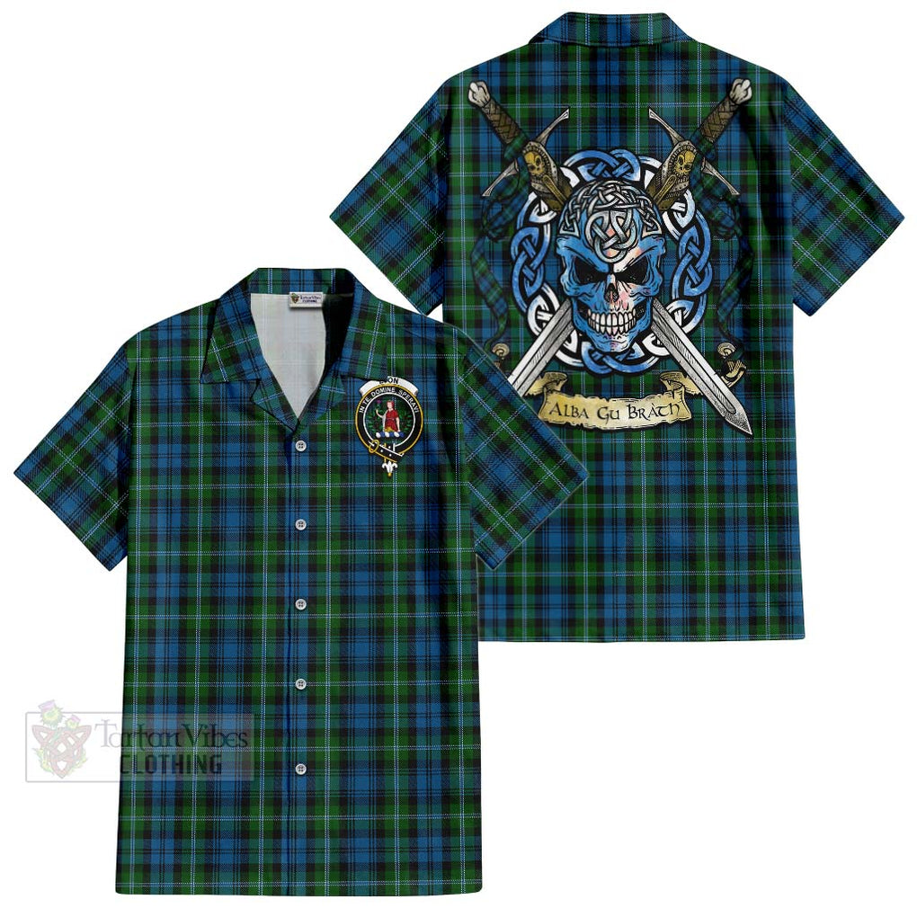 Lyon Tartan Hawaiian Shirt with Family Crest Celtic Skull Style Kid - Tartan Vibes Clothing