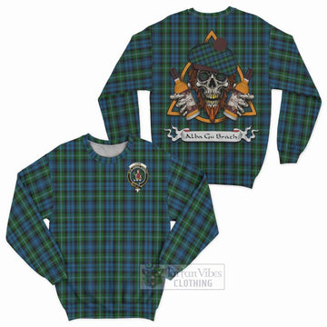 Lyon Tartan Sweatshirt with Family Crest and Bearded Skull Holding Bottles of Whiskey Unisex - Tartan Vibes Clothing
