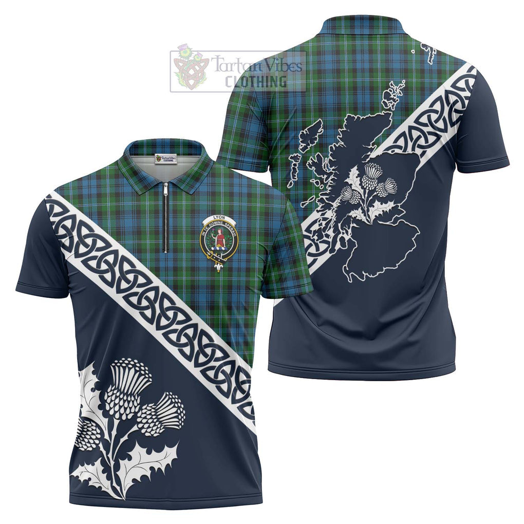 Lyon Tartan Zipper Polo Shirt Featuring Thistle and Scotland Map Unisex - Tartanvibesclothing Store