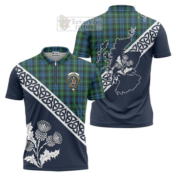 Lyon Tartan Zipper Polo Shirt Featuring Thistle and Scotland Map Unisex - Tartanvibesclothing Store
