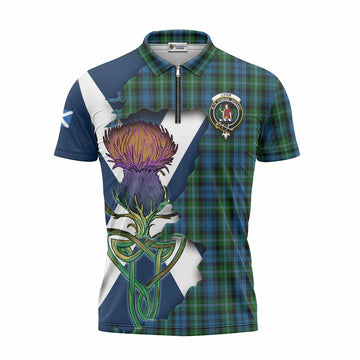 Lyon Tartan Family Crest Zipper Polo Shirt Scottish Thistle Celtic Inspired Unisex - Tartan Vibes Clothing